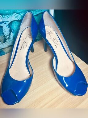 Marc Fisher Blue Patent Peep-Toe Heels